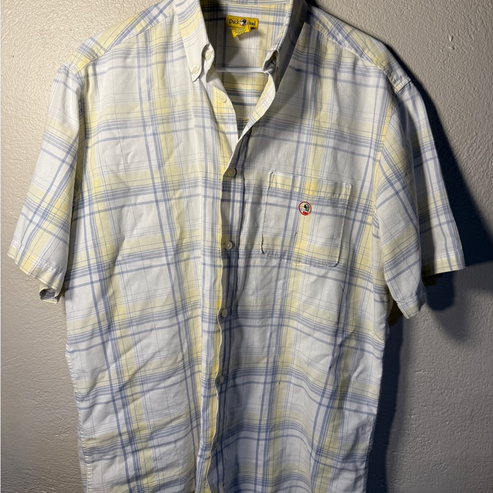 Vintage Duckhead Men's Plaid yellow blue gray Short Sleeve embroidered logo- Med
